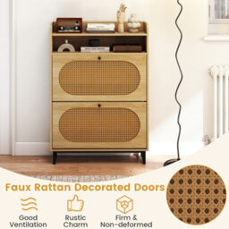 Costway Freestanding Shoe Organizer Shoe Cabinet W/2 Flip Drawers-Natural - thumbnail 3