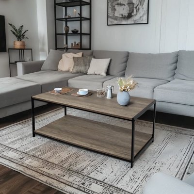 House Of Home Rustic Coffee Table Light Brown 2 Tier With Metal Frame For Living Room 100 X 50 X 45Cm - image 1