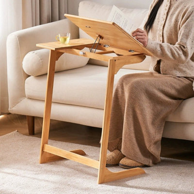 Bamboo Wooden C-Shaped Side Table Sofa End Table Coffee Laptop Desk Living Room - image 1