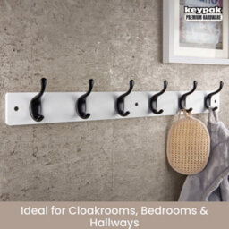 Keypak 6 Matte Black Coat Hooks On White Wooden Board - 68Cm Modern Wall Mounted Coat Rack Clothes Hanger - thumbnail 5