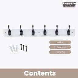 Keypak 6 Matte Black Coat Hooks On White Wooden Board - 68Cm Modern Wall Mounted Coat Rack Clothes Hanger - thumbnail 4