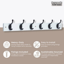 Keypak 6 Matte Black Coat Hooks On White Wooden Board - 68Cm Modern Wall Mounted Coat Rack Clothes Hanger - thumbnail 2
