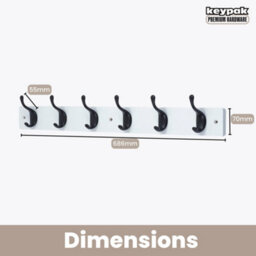 Keypak 6 Matte Black Coat Hooks On White Wooden Board - 68Cm Modern Wall Mounted Coat Rack Clothes Hanger - thumbnail 3