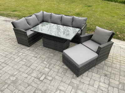 Fimous Wicker Pe Outdoor Rattan Garden Furniture Set Height Adjustable Rising Lifting Table Sofa Dining Set With Big Footstool - image 1