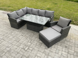 Fimous Wicker Pe Outdoor Rattan Garden Furniture Set Height Adjustable Rising Lifting Table Sofa Dining Set With Big Footstool - thumbnail 1