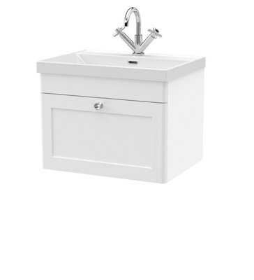 Balterley Swynnerton Traditional 1 Drawer Wall Hung Vanity Unit With Thin Edge Basin, Satin White, 600mm - image 1