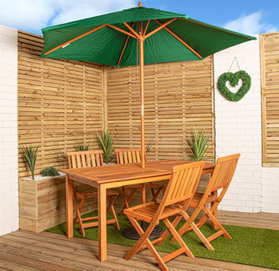 Lyte Outdoor 4 Person Rectangular Wooden Garden Patio Dining Table Chairs With Green Parasol And Base Set - image 1