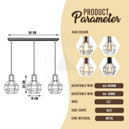 Industrial 3-Light Pendant Light, Flush Mount Ceiling Light Fixture With Black Metal Cage Shade, Pendant Lighting For Kitchen - thumbnail 2