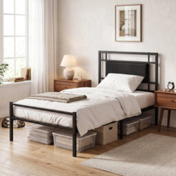 Single Bed Frame With Upholstered Headboard And Metal Slats - thumbnail 6