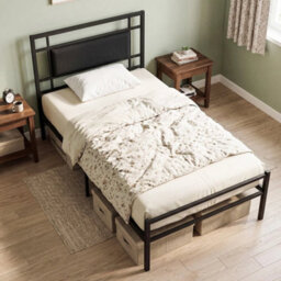 Single Bed Frame With Upholstered Headboard And Metal Slats - thumbnail 3