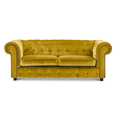 Furnishings For Less UK Ashbourne Chesterfield Large Tumeric Velvet Fabric 3 Seater Sofa Studded Design - image 1