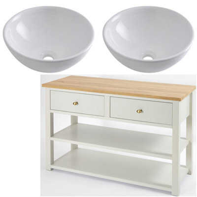 Homestylestore 1215mm Antique White And Oak Bathroom Vanity Unit With Round Countertop Basins And Gold Round Handles - image 1