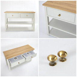 Homestylestore 1215mm Antique White And Oak Bathroom Vanity Unit With Round Countertop Basins And Gold Round Handles - thumbnail 3
