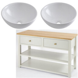 Homestylestore 1215mm Antique White And Oak Bathroom Vanity Unit With Round Countertop Basins And Gold Round Handles - thumbnail 1