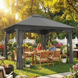 Outsunny 3.3 X 3.3 M Garden Gazebo With Shelves, Upf50+ Permanent Gazebo - thumbnail 1