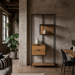Wyld Haus Galway Tall Oak And Black Metal Bookcase With 2 Drawers And 4 Shelves - thumbnail 1