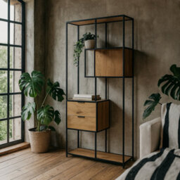 Wyld Haus Galway Tall Oak And Black Metal Bookcase With 2 Drawers And 4 Shelves - thumbnail 2