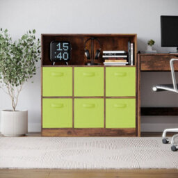 Urbn-Living Urbnliving 94Cm Height 7 Cubed Rustic Brown Wooden Cupboard Bookcase Storage Units Shelves With Green 6 Drawers - thumbnail 2
