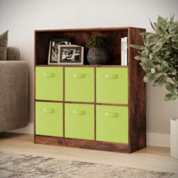 Urbn-Living Urbnliving 94Cm Height 7 Cubed Rustic Brown Wooden Cupboard Bookcase Storage Units Shelves With Green 6 Drawers - thumbnail 1