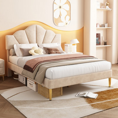Matteo Double Velvet Upholstered Bed, 4Ft6 Beige With Shell Design & Adjustable Headboard, Golden Legs & Wooden Slats - image 1