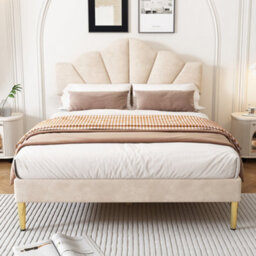Matteo Double Velvet Upholstered Bed, 4Ft6 Beige With Shell Design & Adjustable Headboard, Golden Legs & Wooden Slats - thumbnail 6