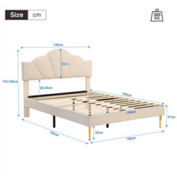 Matteo Double Velvet Upholstered Bed, 4Ft6 Beige With Shell Design & Adjustable Headboard, Golden Legs & Wooden Slats - thumbnail 7