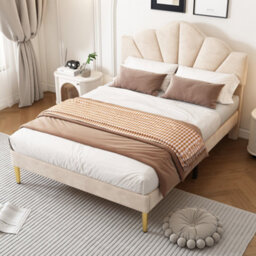 Matteo Double Velvet Upholstered Bed, 4Ft6 Beige With Shell Design & Adjustable Headboard, Golden Legs & Wooden Slats - thumbnail 4