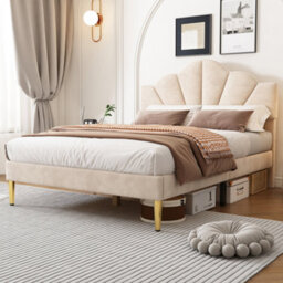 Matteo Double Velvet Upholstered Bed, 4Ft6 Beige With Shell Design & Adjustable Headboard, Golden Legs & Wooden Slats - thumbnail 5