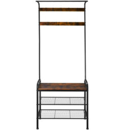 Tectake Coat Stand - Shoe Rack, Seat, 2 Shelves And 9 Coat Hooks 73.5X36X184Cm - Industrial Wood Dark, Rustic - thumbnail 2