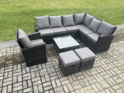 Fimous 9 Seater Outdoor Garden Furniture Set High Back Rattan Corner Sofa Chair Set With 2 Small Footstools Square Coffee Table - thumbnail 2