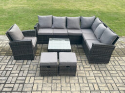 Fimous 9 Seater Outdoor Garden Furniture Set High Back Rattan Corner Sofa Chair Set With 2 Small Footstools Square Coffee Table - thumbnail 1