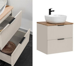 Impact Furniture Countertop Vanity Unit With Sink Basin Bathroom Wall Hung Fluted Beige Cabinet With Drawers 600mm Oak Worktop Adel