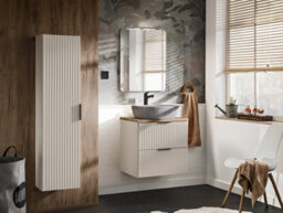 Impact Furniture Countertop Vanity Unit With Sink Basin Bathroom Wall Hung Fluted Beige Cabinet With Drawers 600mm Oak Worktop Adel - thumbnail 4