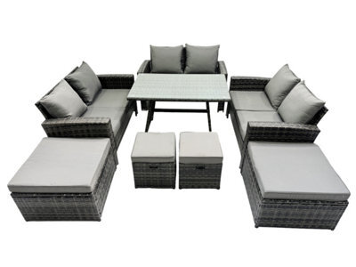 Fimous 10 Seater Wicker Pe Rattan Furniture Outdoor Dining Table Double Seat Sofa 4 Stools Set Dark Grey Mixed - image 1