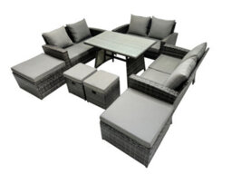 Fimous 10 Seater Wicker Pe Rattan Furniture Outdoor Dining Table Double Seat Sofa 4 Stools Set Dark Grey Mixed - thumbnail 2