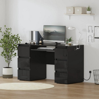 Black Dressing Table High Gloss Vanity Makeup Pc Desk 6 Drawers Storage W Socket - image 1