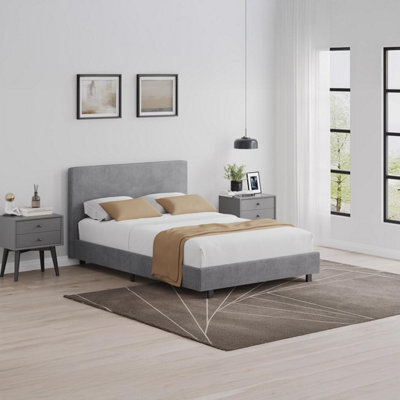 Fwstyle Small Double Queen Grey Ribbed Linen Upholstered Fabric Bed Frame - image 1