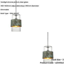 Loops 2 Pack Hanging Ceiling Pendant Light - Verdigris Bronze Plate & Clear Glass - 10W Led E27 - thumbnail 2