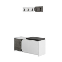 Decortie Modern Moni Shoe Cabinet White-Retro Grey 3-Door Storage Cabinet With 5-Hook Organiser Set Fabric Seat - thumbnail 2