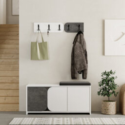 Decortie Modern Moni Shoe Cabinet White-Retro Grey 3-Door Storage Cabinet With 5-Hook Organiser Set Fabric Seat - thumbnail 7
