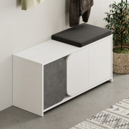 Decortie Modern Moni Shoe Cabinet White-Retro Grey 3-Door Storage Cabinet With 5-Hook Organiser Set Fabric Seat - thumbnail 5