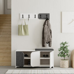 Decortie Modern Moni Shoe Cabinet White-Retro Grey 3-Door Storage Cabinet With 5-Hook Organiser Set Fabric Seat - thumbnail 4
