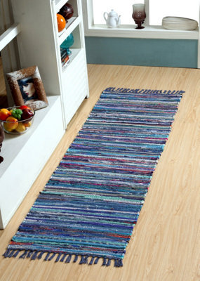 Second Nature Online Festival Recycled Cotton Blend Rag Rug In Varied Colourways Indoor And Outdoor Use / 60 Cm X 210 Cm / Blue - image 1