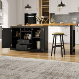 Matteo Extendable Black 360-Degree Rotating Bar Table With Wine Rack & Storage Cabinet, Kitchen Island / Dining Bar - Mdf - thumbnail 2