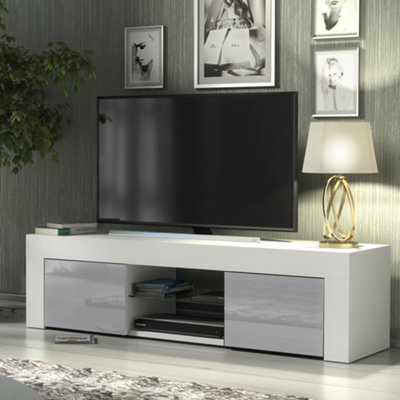 Tv Unit 130Cm Modern White With High Gloss Grey Doors - Creative Furniture - image 1