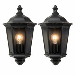 First Choice Lighting Set Of 2 Sienna Black With Clear Glass Ip44 Outdoor Half Lantern Wall Lights