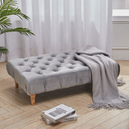 Living And Home Light Grey Vintage Button Tufted Rectangular Velvet Footstool Bench With Wood Legs W 1000 X D 600 X H 300 mm