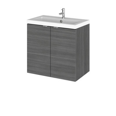 Hudson Reed Fusion Wall Hung 2 Door Vanity Unit & Compact Polymarble Basin, Sink Vanity Unit, Anthracite Woodgrain, 600mm - image 1