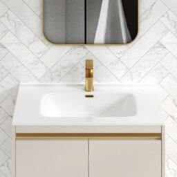 Royal Bathrooms Orion 800mm Warm Taupe 2 Door Floor Standing Vanity Unit With Ceramic Basin & Brushed Brass Strip - thumbnail 7