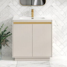 Royal Bathrooms Orion 800mm Warm Taupe 2 Door Floor Standing Vanity Unit With Ceramic Basin & Brushed Brass Strip